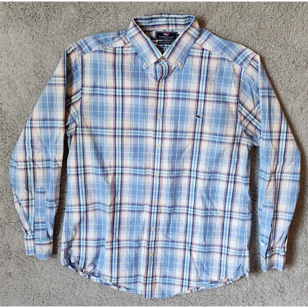 Vineyard Vines Blue Plaid Slim Fit Whale Long Sleeve Button Down Shirt Size L
